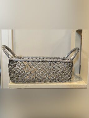 Vintage Hand Woven Mixed Metal Basket, Braided Wire Handles, Artisan Metalwork B